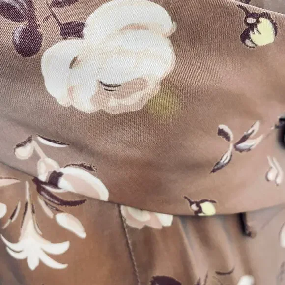 Vintage 40s 50s Floral Satin Sheath Dress V Neck Pockets Cinched Waist Brown 10 - Picture 9 of 12